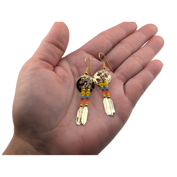 Navajo Brass Medicine Medallion Wheel Seed‎ Beads Feather Dangle Earrings**